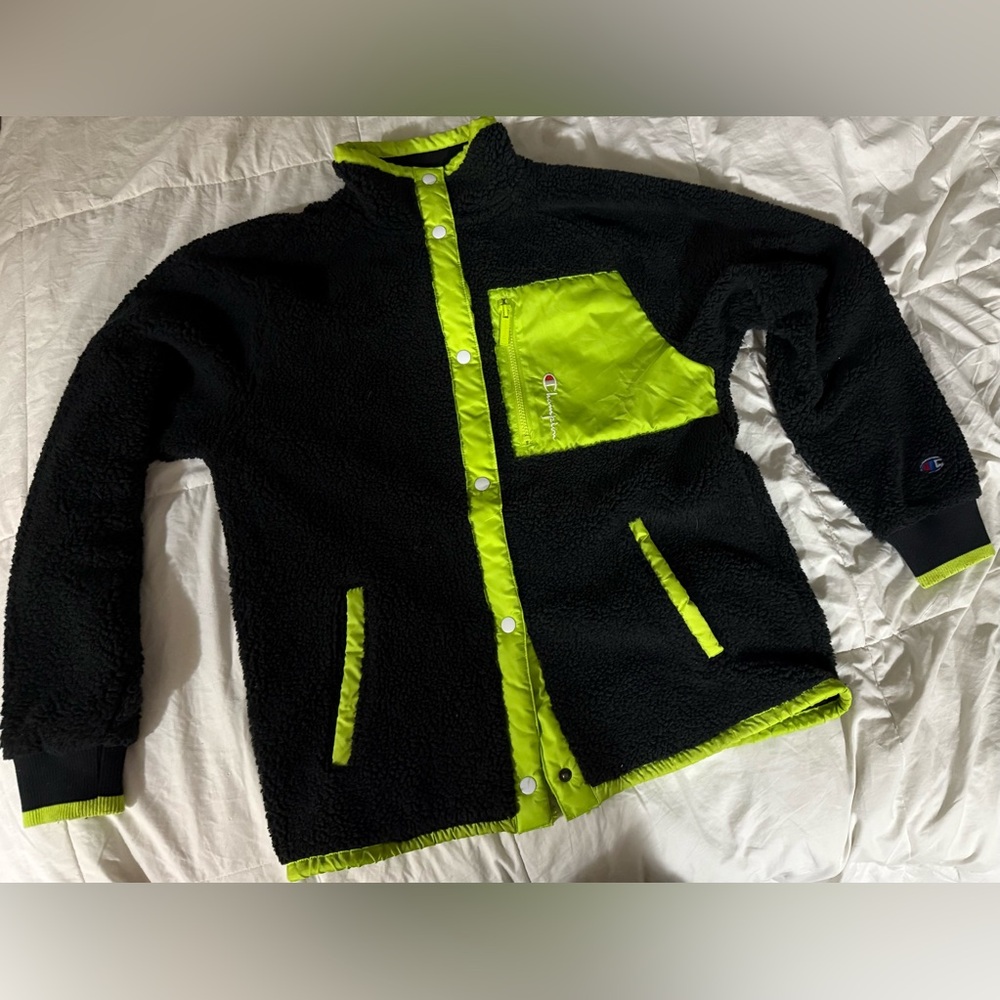 Champion neon lime green and black snap button Sherpa jacket with zip up pocket